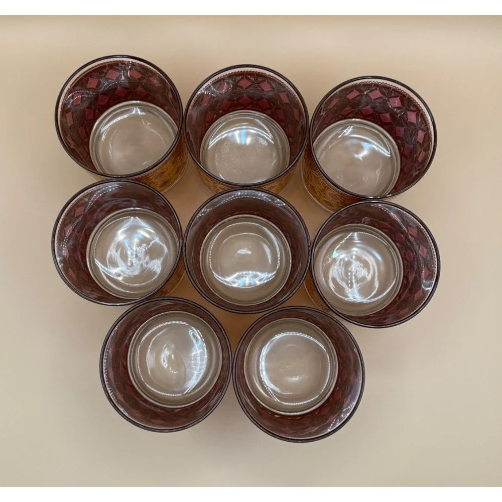🥃 Vintage Mid Century Amber Gold Pattern Rocks Glasses Set of 8